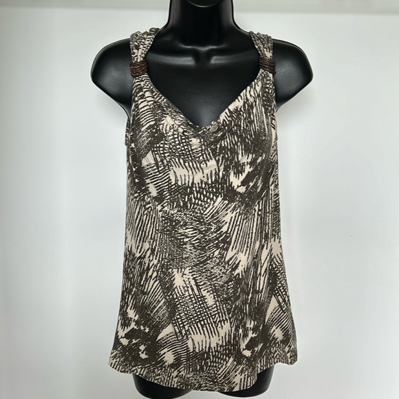 KENNETH COLE Boho Tank Top Wood Ring Straps Beige Olive Print Women’s Medium - Picture 2 of 16
